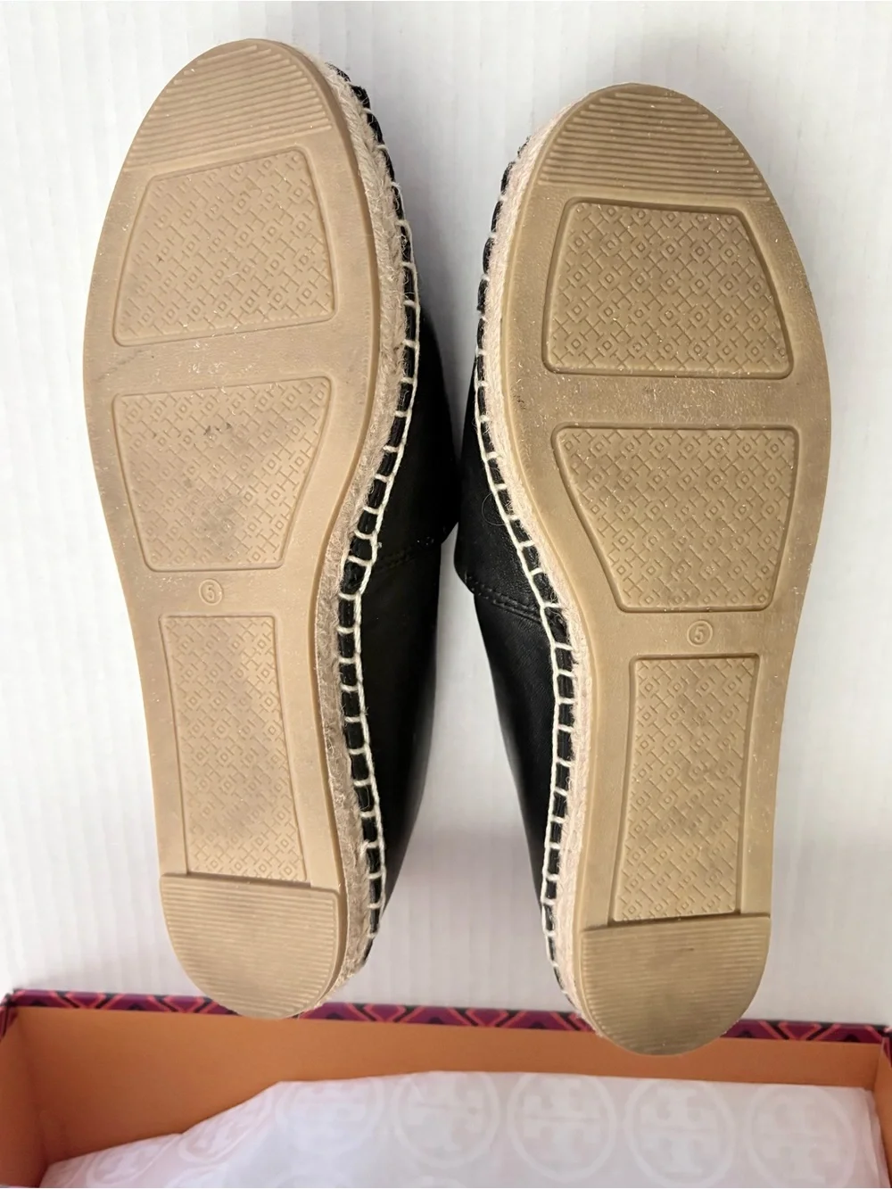 Tory Burch Benton Black Leather Espadrille Slip-Ons with Logo Medallion Size 5